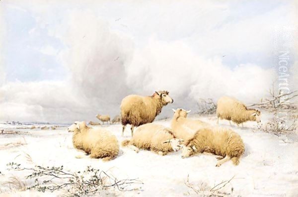 Sheep In A Snowy Landscape Oil Painting by Thomas Sidney Cooper