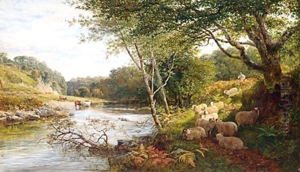 A Shepherd And Sheep On A Bank By A River, Cattle Watering Beyond Oil Painting by George Shalders