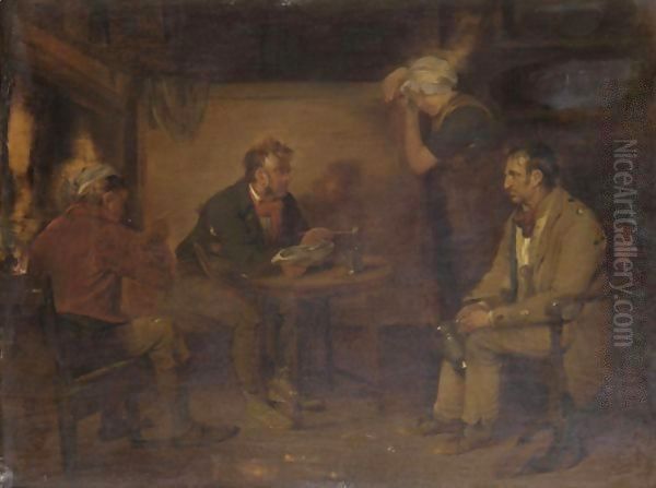 Figures In A Cottage Interior Oil Painting by Edward Bird