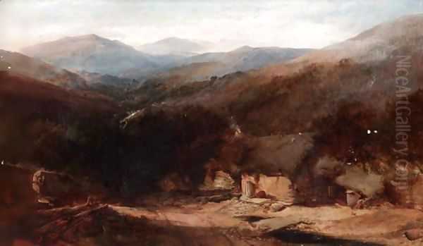 A Welsh Mountain View With Figures By A Croft Oil Painting by Henry Bright