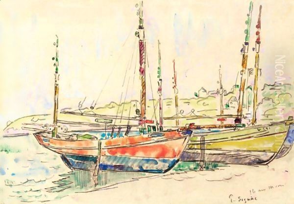 Barques Sur La Berge Oil Painting by Paul Signac