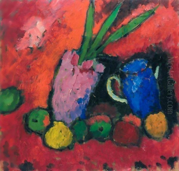 Stilleben Mit Hyazinthe, Blauem Krug Und Apfeln (Still-Life With Hyacinth, Blue Jug And Apples) Oil Painting by Alexei Jawlensky