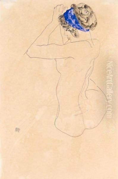 Sitzender Weiblicher Akt Mit Blauem Kopfband, Die Hande Erhoben (Seated Female Nude With Blue Headband, Hands Raised) Oil Painting by Egon Schiele