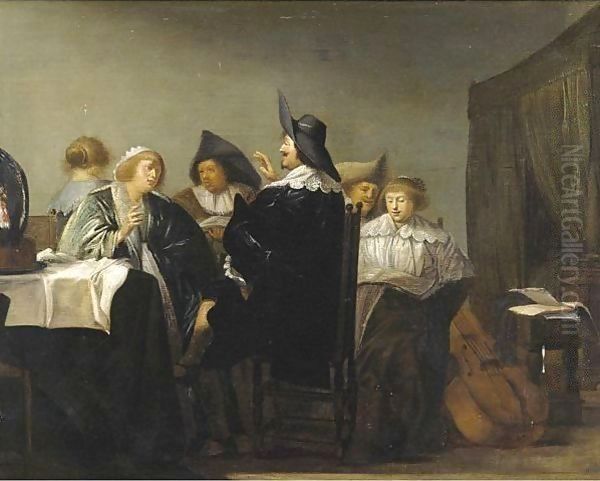 Elegant Figures In An Interior Oil Painting by Pieter Codde