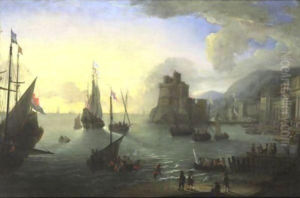 View Of A Southern Port Oil Painting by Pierre Puget