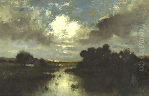 Farm In Sunset Oil Painting by Jules Dupre