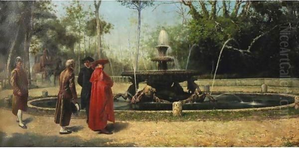 A Stroll By The Fountain Oil Painting by Achille Guerra