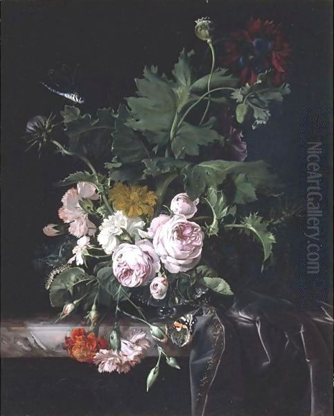 Peonies, Carnations, Thistles And Other Flowers In A Glass Vase On A Partly Draped Marble Ledge With A Butterfly And A Dragonfly Oil Painting by Willem Van Aelst