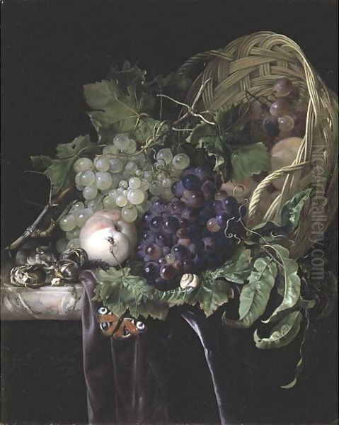 Peaches, Chestnuts And Grapes In An Overturned Basket Resting On A Partially Draped Marble Ledge Oil Painting by Willem Van Aelst