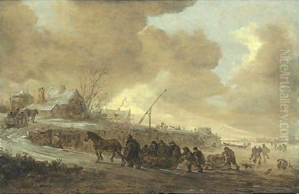 A Frozen River With Horse-Drawn Sleds On A Bank, Cottages Beyond Oil Painting by Jan van Goyen