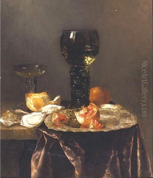 Still Life With A Roemer, A Pomegranate And Oysters All Resting On A Partially Draped Table Oil Painting by Abraham Hendrickz Van Beyeren