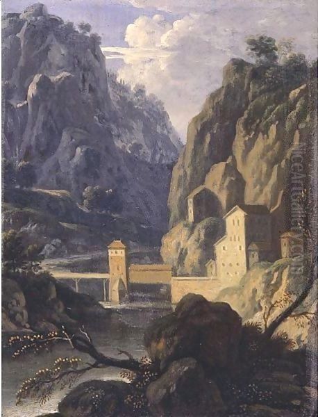 A Rocky Landscape With A Bridge And Buildings By A River Oil Painting by Jan Frans Van Bloemen (Orizzonte)