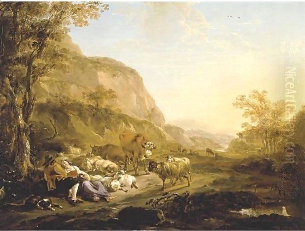 An Evening Landscape With A Couple Resting Below A Tree Surrounded By Cattle, Goats And Sheep Oil Painting by Nicolaes Berchem