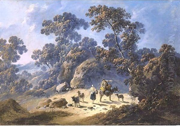 Travellers On A Path With Goats Oil Painting by Jean-Baptiste Pillement