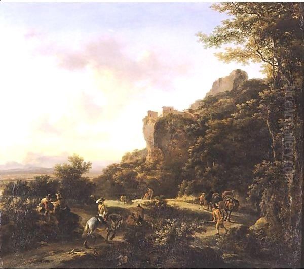 Mountainous Landscape With Travellers Along A Road Oil Painting by Jan Both