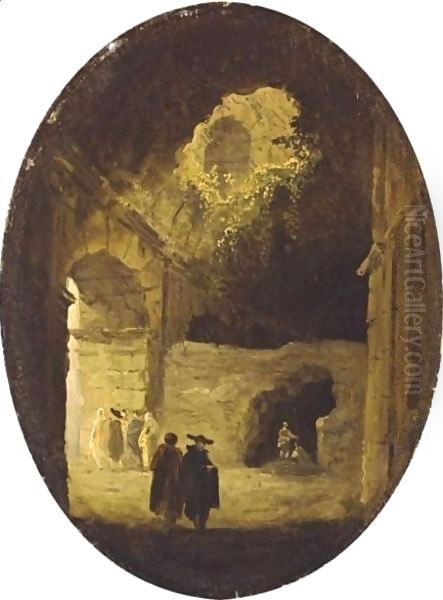 Figures Under Arcades Oil Painting by Hubert Robert