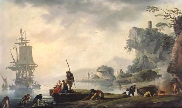 The Return Of The Fishermen In A Coastal Landscape With Ruins In The Foreground Oil Painting by Claude-joseph Vernet