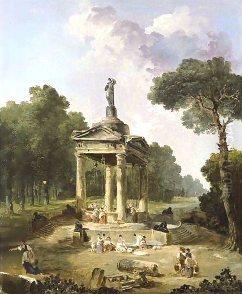 A Capriccio With Washerwomen Around A Classical Fountain Oil Painting by Hubert Robert