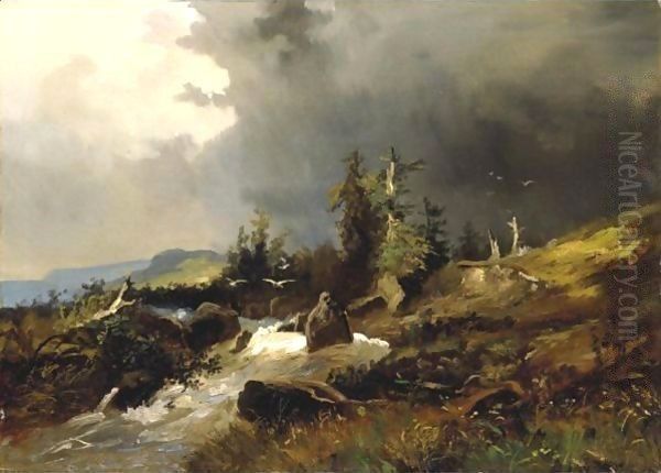 A Stream Running Through An Mountainous Landscape Oil Painting by Alexandre Calame