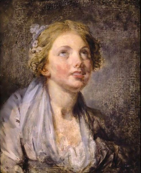 Head Of A Young Girl Looking Upwards Oil Painting by Jean Baptiste Greuze