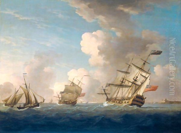 British Men Of War Of The Red Squadron And Other Shipping At Sea In A Light Breeze Oil Painting by Peter Monamy