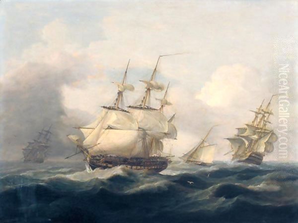 East Indiamen And A Cutter In A Heavy Swell Oil Painting by Thomas Luny