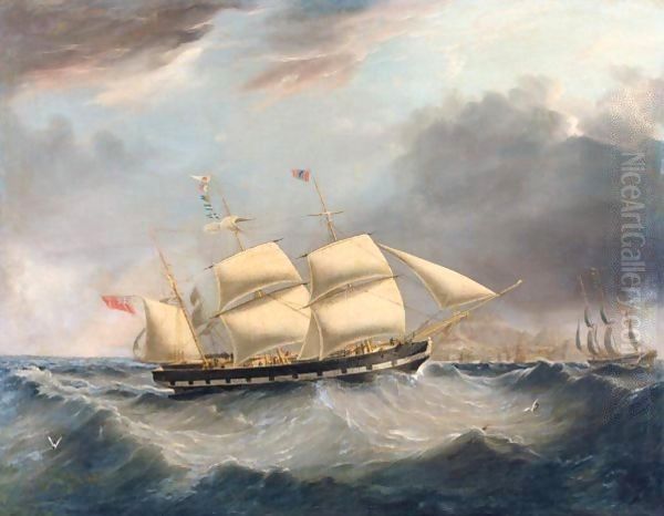 A British Barque, Probably The Earl Of Stanhope, In Two Positions In A Heavy Swell Off Table Mountain, South Africa Oil Painting by Joseph Heard