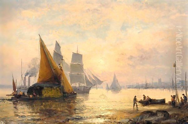 And Vessels On The River At Sunset Oil Painting by William A. Thornley or Thornbery