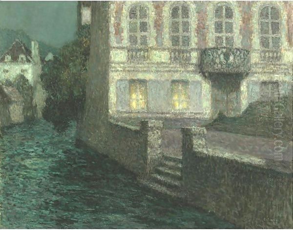 Maison Sur La Riviere Au Clair De Lune Oil Painting by Henri Eugene Augustin Le Sidaner