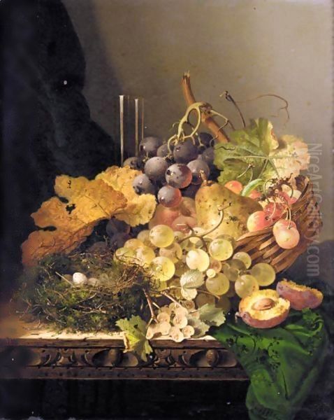 Still Life With A Bird's Nest, Pear, Grapes, Cherries And A Plum And A Glass Vase On A Ledge Oil Painting by Edward Ladell