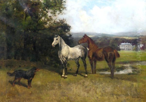 The Colonel's Horses And Collie With Huntroyde Hall Beyond Oil Painting by John Emms