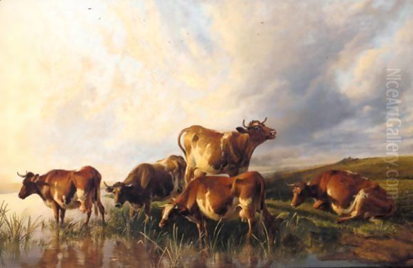 Cattle Watering 4 Oil Painting by Thomas Sidney Cooper