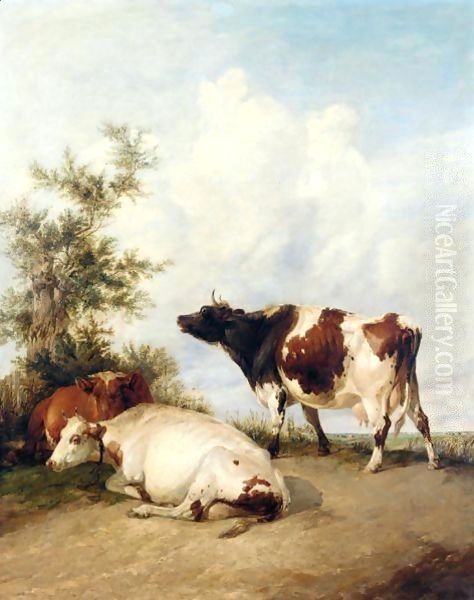 Three Cows In A Meadow Oil Painting by Thomas Sidney Cooper