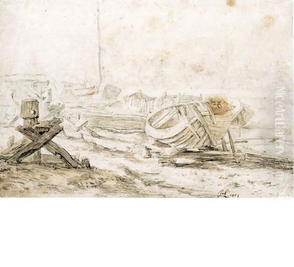 A Boatyard, With Small Vesels Hauled Ashore Oil Painting by Herman Saftleven