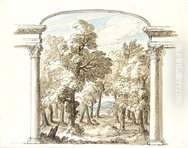 A Classical Landscape Seen Through An Arch Oil Painting by Sir James Thornhill