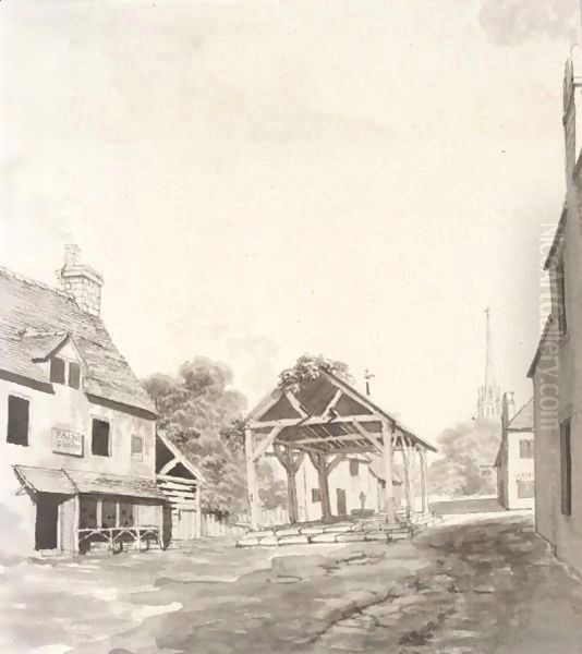 A town street with a church spire beyond Oil Painting by Rev. William Bree