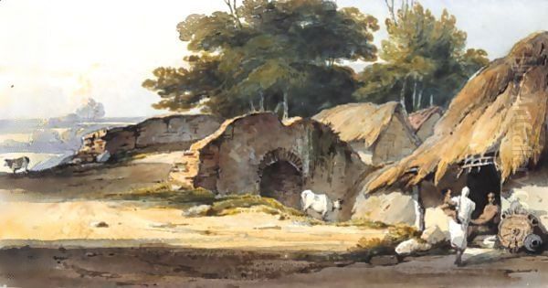 Indian Figures By A Hut With Cattle And A Bridge Nearby Oil Painting by George Chinnery