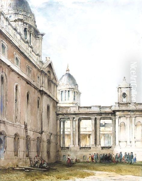 A Stonemason And Other Figures In The King William Courtyard, Greenwich Hospital Oil Painting by James Holland