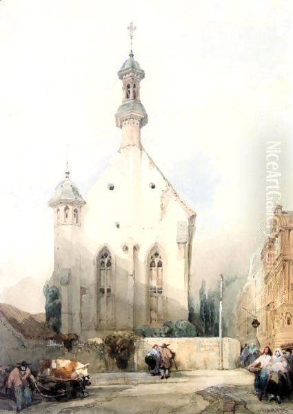 Figures By A Church In Mainz, Germany Oil Painting by David Roberts