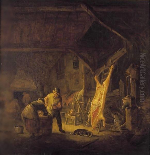 A Barn Interior With Peasants Standing Before A Hog Carcass, Other Figures Warming Themselves By A Fire Beyond Oil Painting by Isaack Jansz. van Ostade