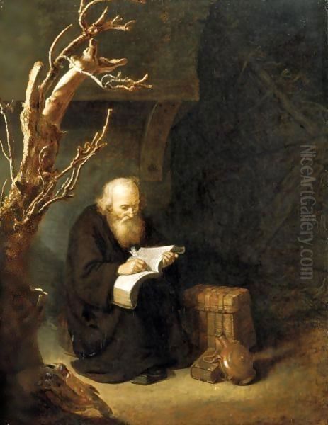 A Hermit Writing In His Book Oil Painting by Abraham de Pape