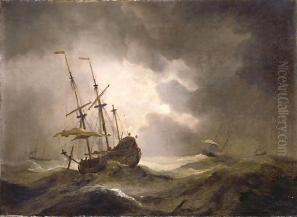 A Merchantman In A Storm, Three Other Ships On The Horizon Oil Painting by Willem van de Velde the Younger