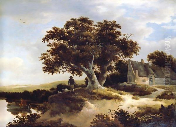 A Dune Landscape With A Drover And His Sheep Beneath A Pondside Oak, A Cottage To The Right Oil Painting by Meindert Hobbema