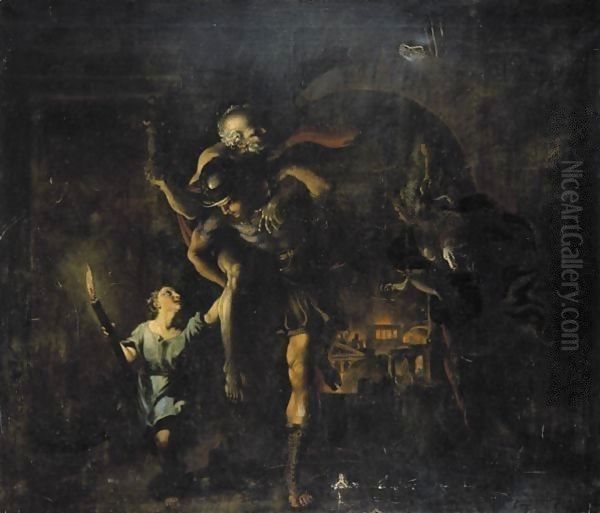 Aeneas Rescuing Anchises And Ascanius From The Sack Of Troy Oil Painting by Giovanni Lanfranco