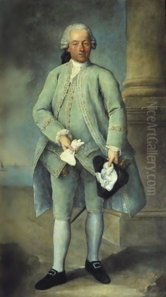 Portrait Of A Gentleman, Full-Length Standing, Wearing A Powder-Blue Costume And Holding A Tricorn Hat And Gloves, The Venetian Lagoon Beyond Oil Painting by Alessandro Longhi