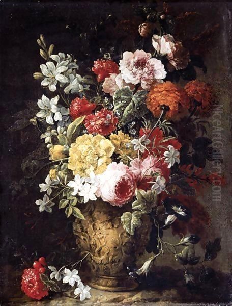 Still Life Of Flowers In A Carved Stone Vase Oil Painting by Gaspar-pieter The Younger Verbruggen