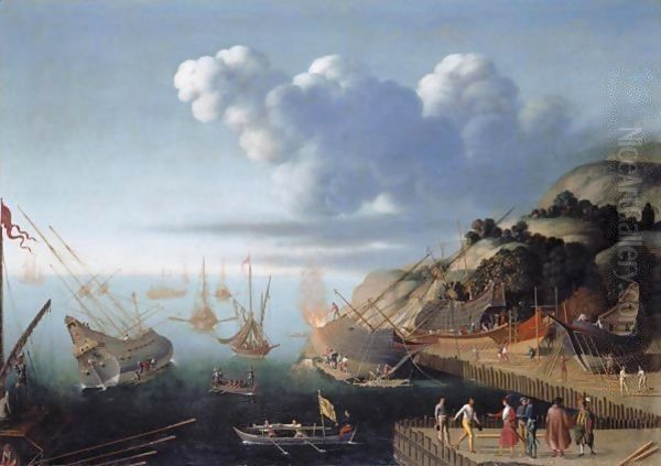 A Ship-Building Port Oil Painting by Agostino Tassi