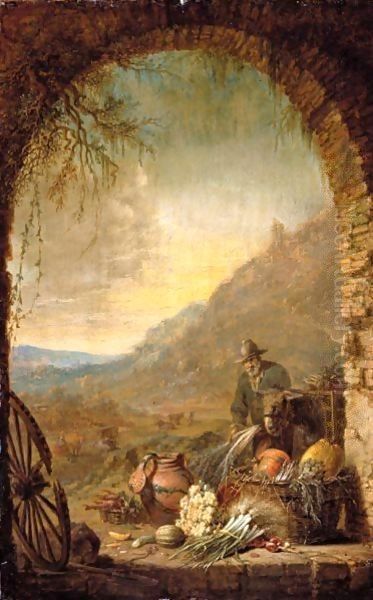 Landscape With A Man Unloading Produce From A Donkey, Seen Through An Arch Oil Painting by Willem Kalf