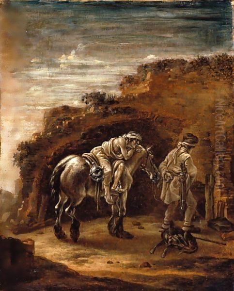 The Good Samaritan, Or A Traveller Resting On His Horse In A Landscape, En Grisaille Oil Painting by Cornelis Verbeeck