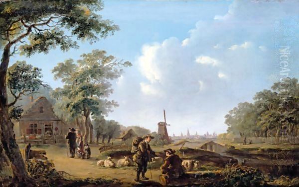 A Village Landscape With A Shepherd Conversing With A Traveller, A City Beyond Oil Painting by Andries Vermeulen